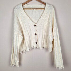Frayed Hem Button Up Cardigan Sweater, Size Lovely Large. Ivory Oversized Beach